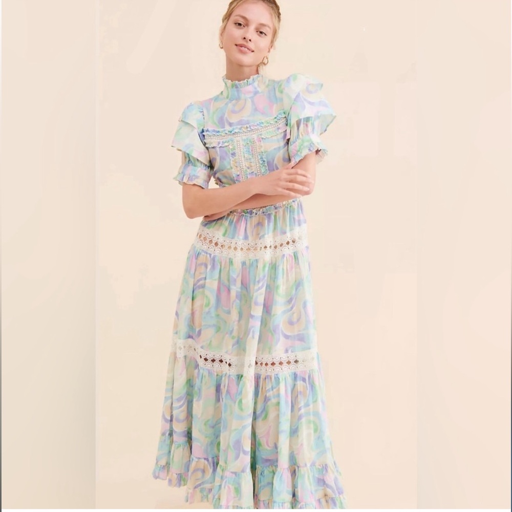 Anthropologie Love‎ And Liberation Tiered Puff-Sleeve Maxi Dress